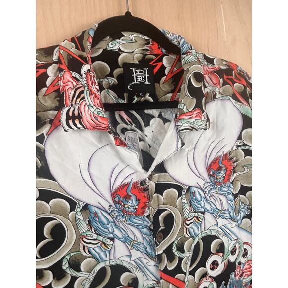 DEH XL Japanese Oni Demon Graphic Button Up Shirt Short Sleeve - Picture 7 of 8